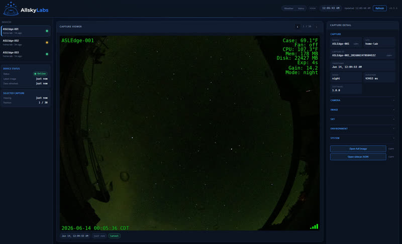 AllSkyLabs viewer app showing a night sky capture